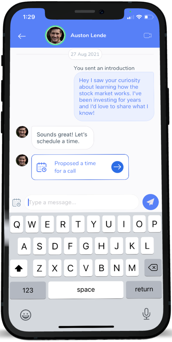 Open app chat with Auston Lende showing scheduled call message