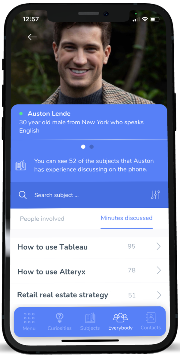 Auston Lende's Open profile showing Tableau, Alteryx, and retail real estate subjects